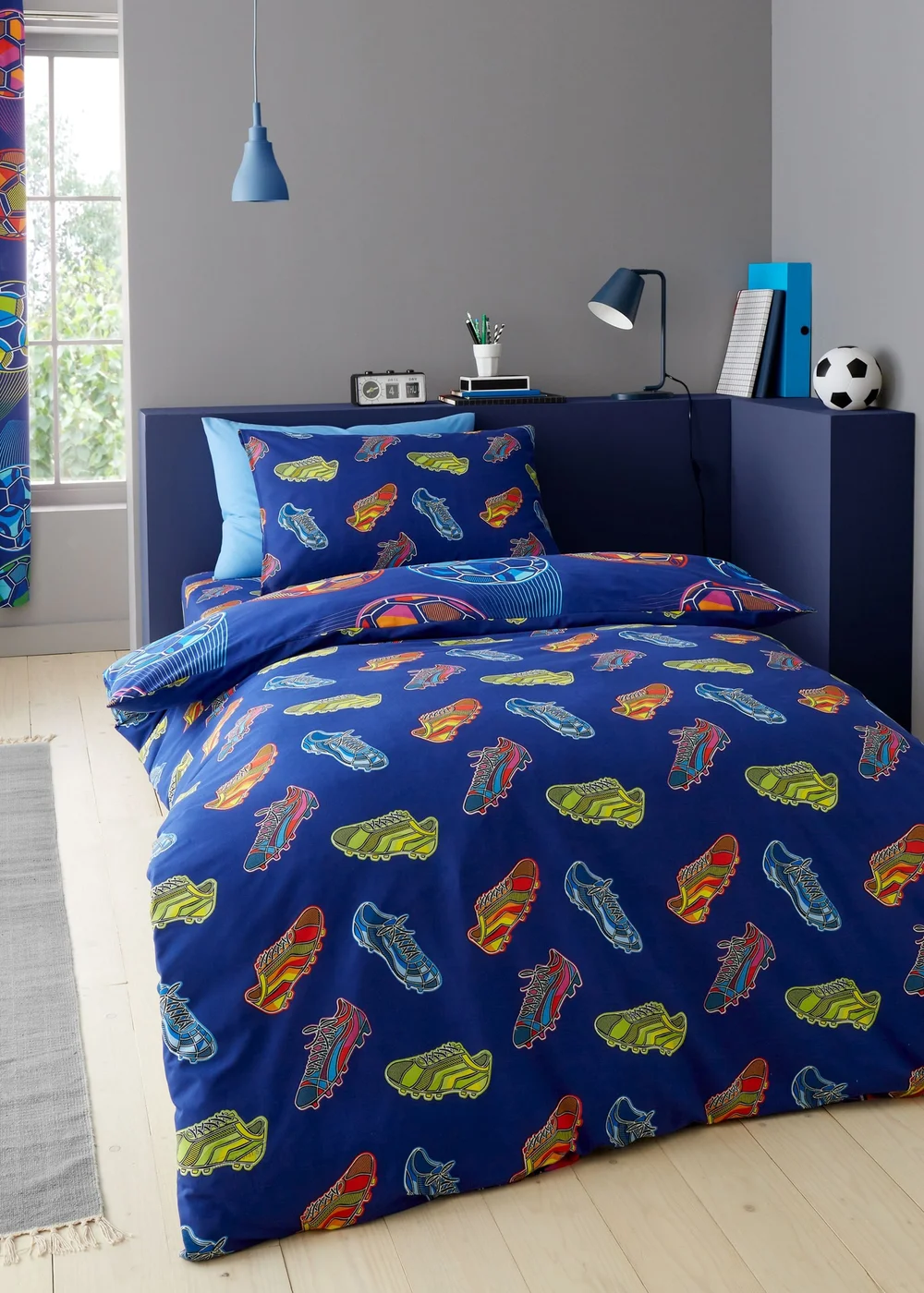 Catherine Lansfield Bright Football Reversible Duvet Cover Set Navy Blue - Single Image 2