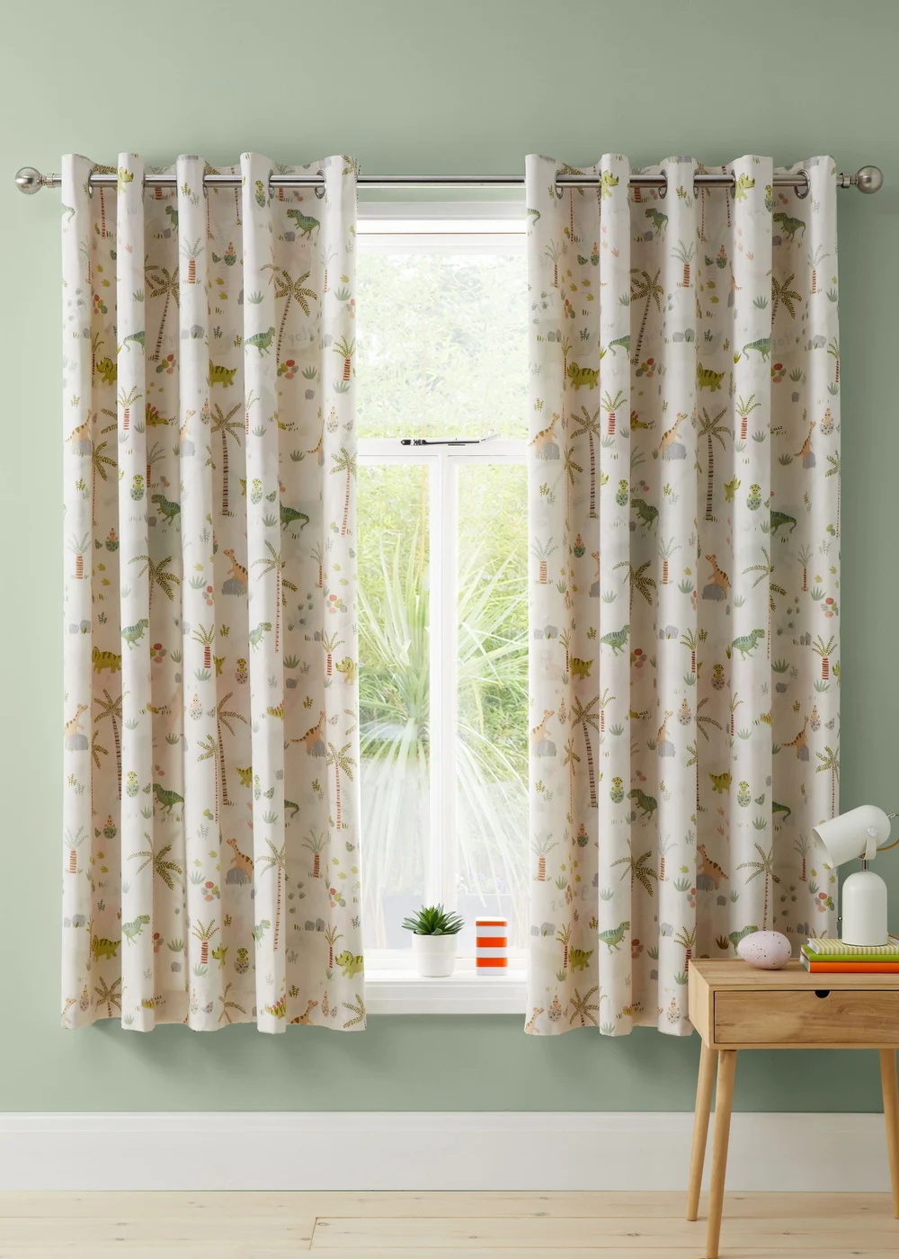 Catherine Lansfield Sleepy Dino Fully Reversible Eyelet Curtains Green - 66W X 72D (168x183cm) Image 3