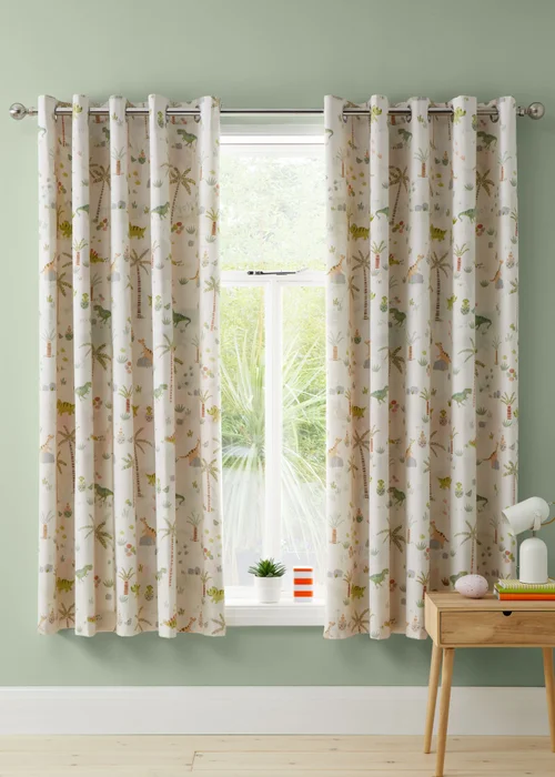 Catherine Lansfield Sleepy Dino Fully Reversible Eyelet Curtains Green - 66W X 72D (168x183cm) Image 3