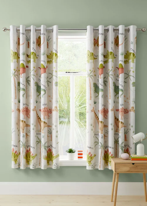 Catherine Lansfield Sleepy Dino Fully Reversible Eyelet Curtains Green - 66W X 72D (168x183cm) Image 2