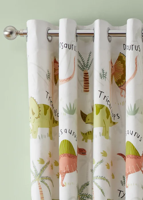 Catherine Lansfield Sleepy Dino Fully Reversible Eyelet Curtains Green - 66W X 72D (168x183cm) Image 1