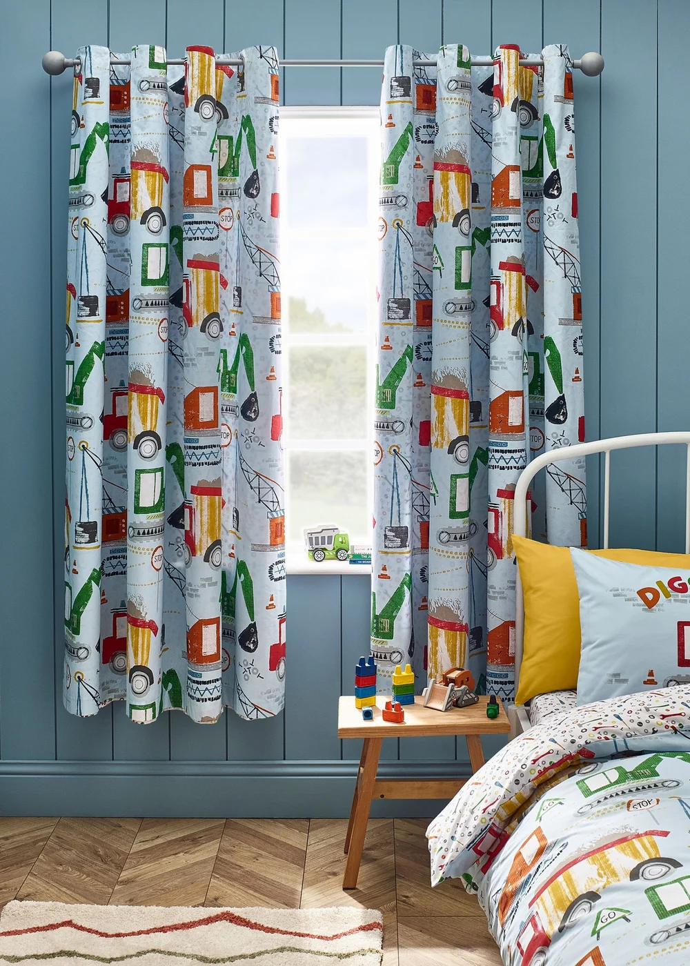 Catherine Lansfield Kids Digger Dreams Fully Reversible Eyelet Curtains Blue - 66W X 72D (168x183cm) Image 1
