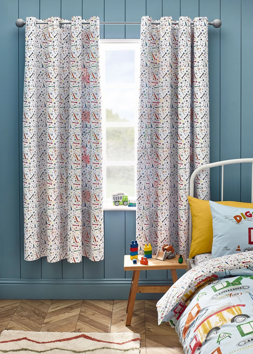 Catherine Lansfield Kids Digger Dreams Fully Reversible Eyelet Curtains Blue - 66W X 72D (168x183cm) Image 2