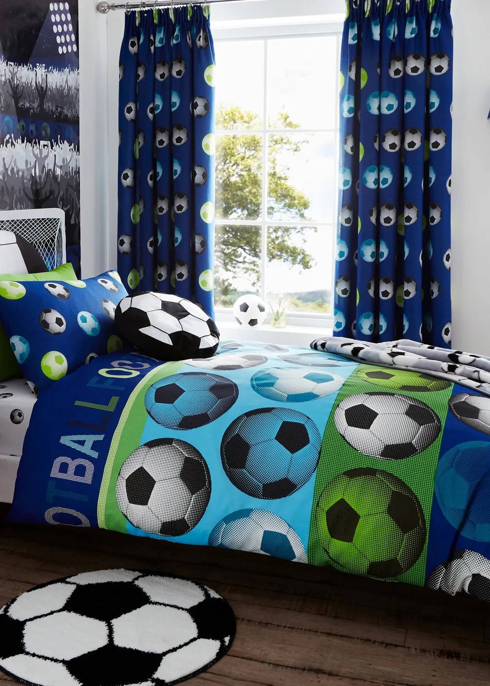 Catherine Lansfield Kids Football Lined Pencil Pleat Curtains Blue - 66W X 72D (168x183cm) Image 3