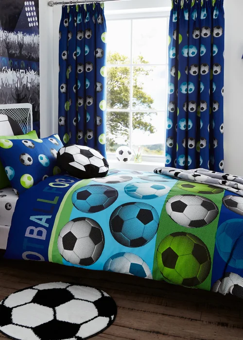 Catherine Lansfield Kids Football Lined Pencil Pleat Curtains Blue - 66W X 72D (168x183cm) Image 3