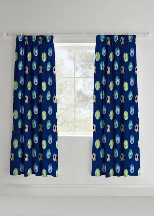 Catherine Lansfield Kids Football Lined Pencil Pleat Curtains Blue - 66W X 72D (168x183cm) Image 1