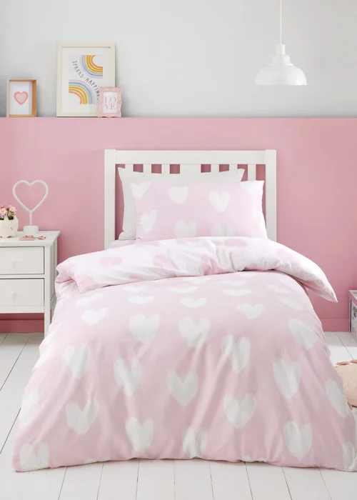 Catherine Lansfield Brushed Cotton Hearts Reversible Duvet Cover Set Pink - Junior Image 1