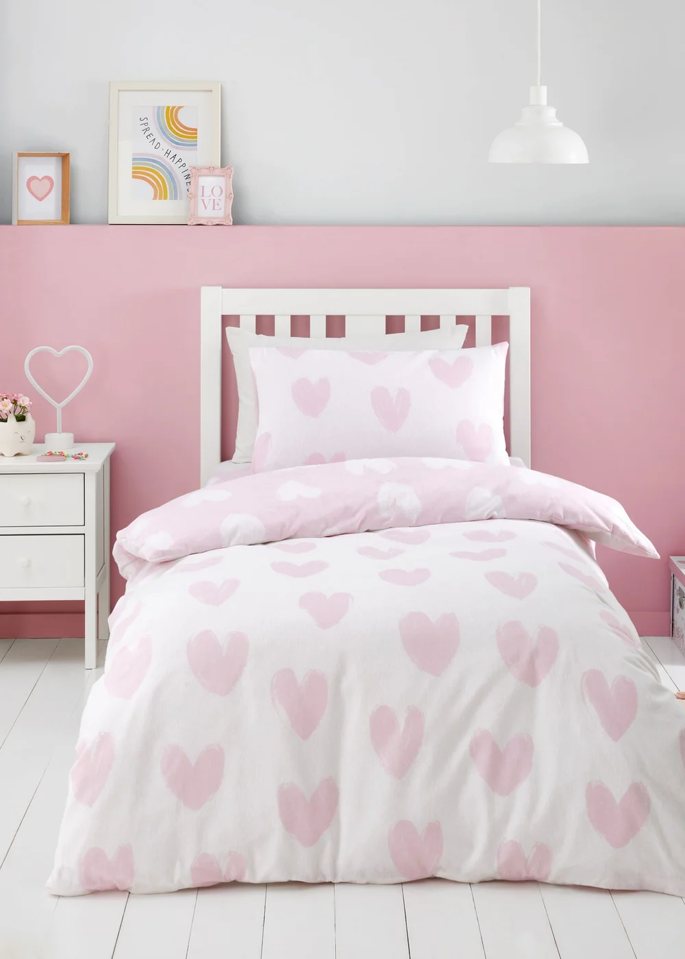 Catherine Lansfield Brushed Cotton Hearts Reversible Duvet Cover Set Pink - Junior Image 2