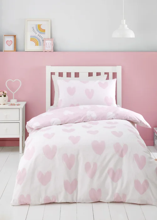 Catherine Lansfield Brushed Cotton Hearts Reversible Duvet Cover Set Pink - Junior Image 2