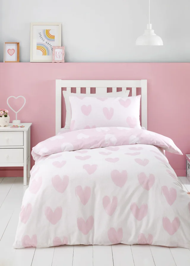 Catherine Lansfield Brushed Cotton Hearts Reversible Duvet Cover Set Pink