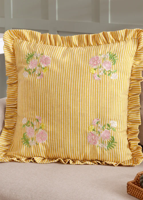 Wylder Martha Ruffle Embroidered Ruffle Yellow Cushion (50 x 50 x 8 cm) - One Size Image 1