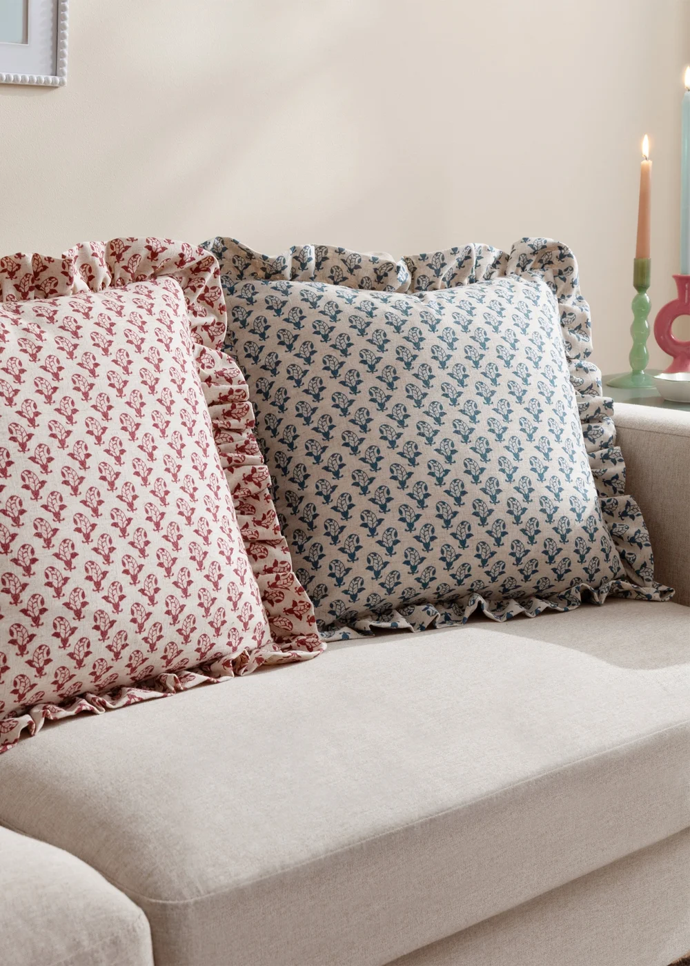Furn Lulah Block Printed Ruffle Blue Cushion (45 x 45 x 8 cm) - One Size Image 6