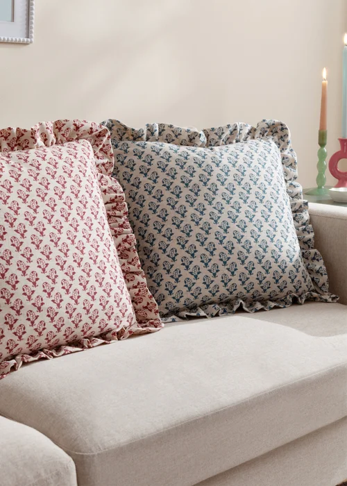 Furn Lulah Block Printed Ruffle Blue Cushion (45 x 45 x 8 cm) - One Size Image 6