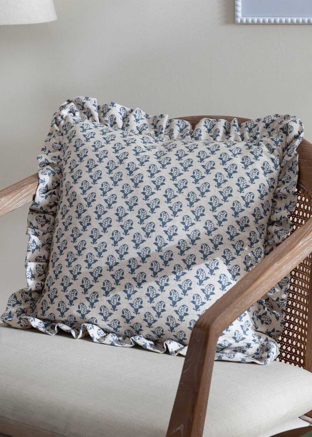 Furn Lulah Block Printed Ruffle Blue Cushion (45 x 45 x 8 cm) - One Size Image 1