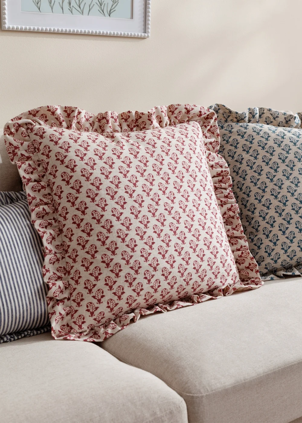 Furn Lulah Block Printed Ruffle Red Cushion (45 x 45 x 8 cm) - One Size Image 6