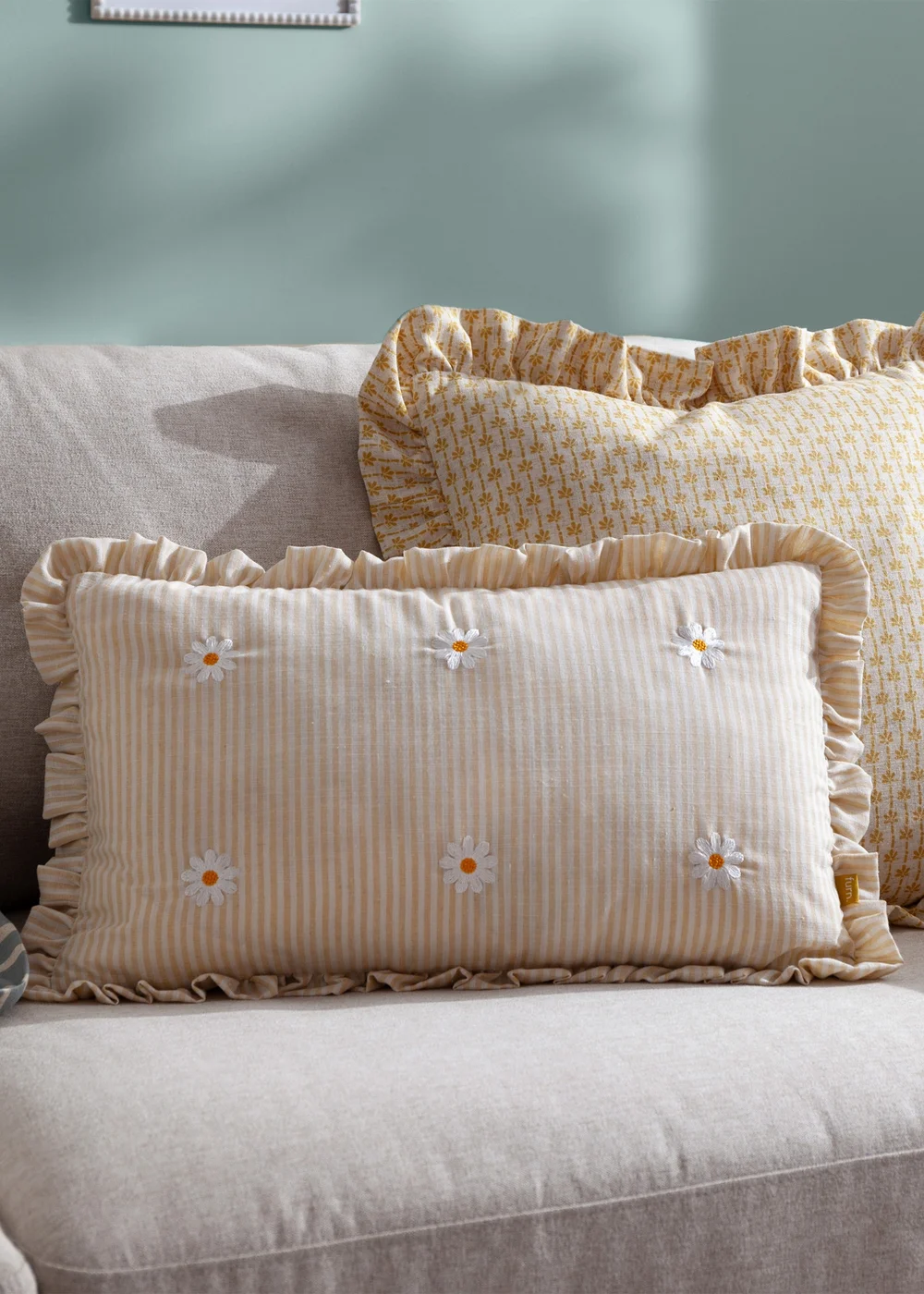 Furn Les Fleurs Embroidered Ruffle Yellow Cushion (30 x 50 x 8 cm) - One Size Image 1