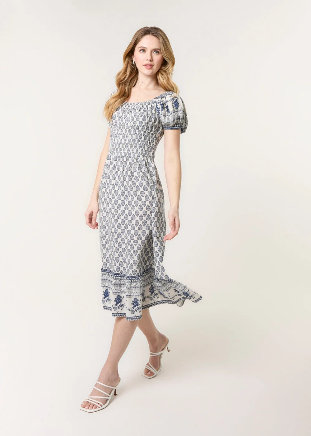 Blue Vanilla Navy Border Print Puff Sleeve Midi Dress - L Image 1
