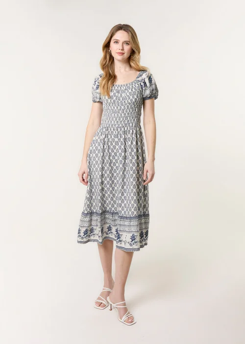 Blue Vanilla Navy Border Print Puff Sleeve Midi Dress - L Image 3