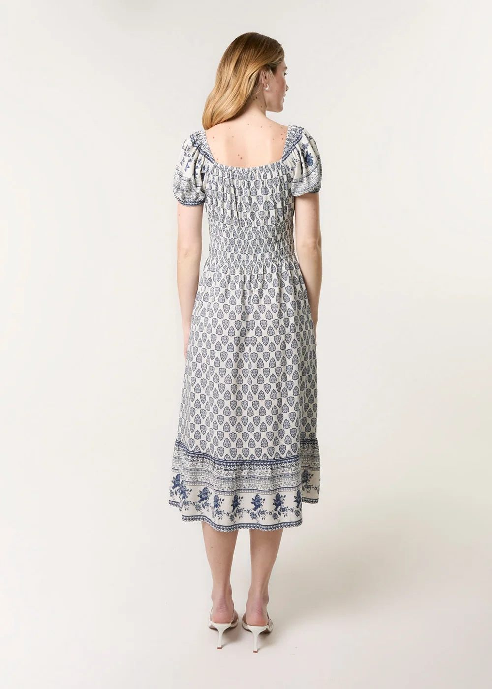 Blue Vanilla Navy Border Print Puff Sleeve Midi Dress - L Image 4