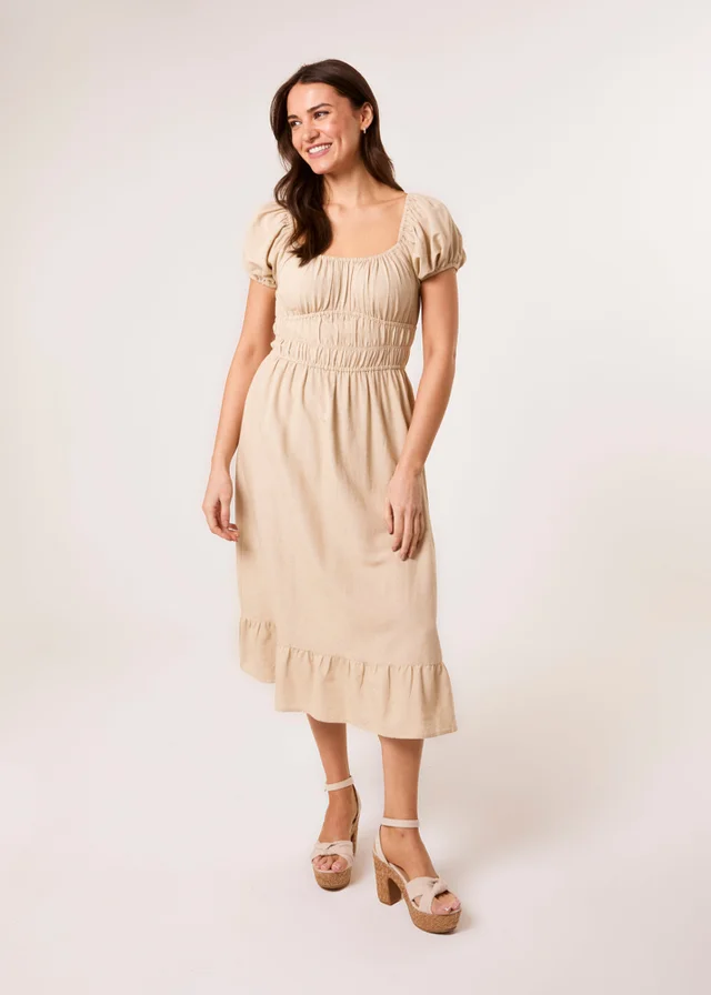 Blue Vanilla Stone Puff Sleeve Shirred Panel Dress