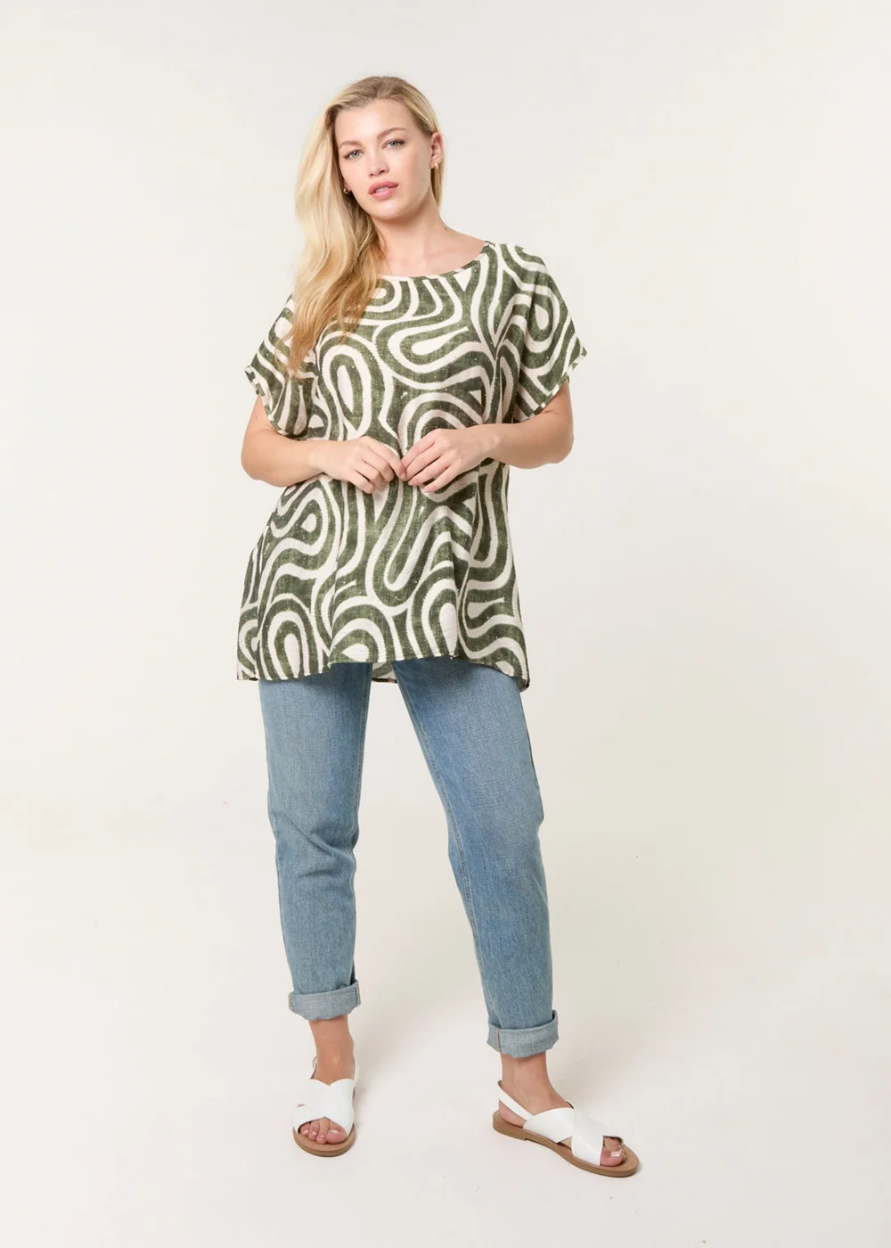 Blue Vanilla Khaki Round Neck Top With Abstract Print - S/M Image 2