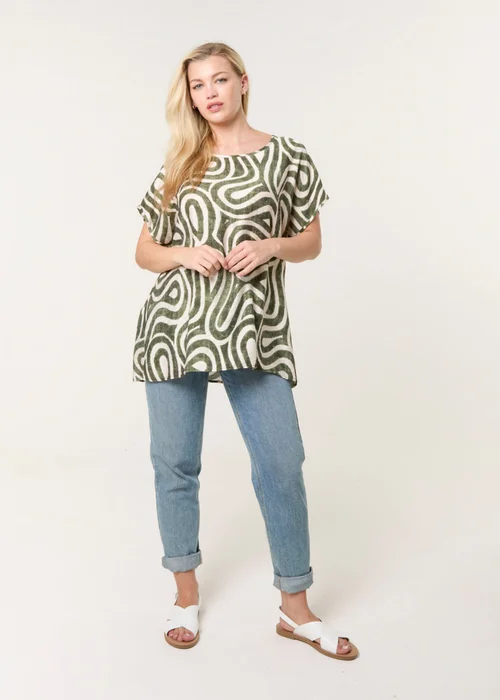 Blue Vanilla Khaki Round Neck Top With Abstract Print - S/M Image 2