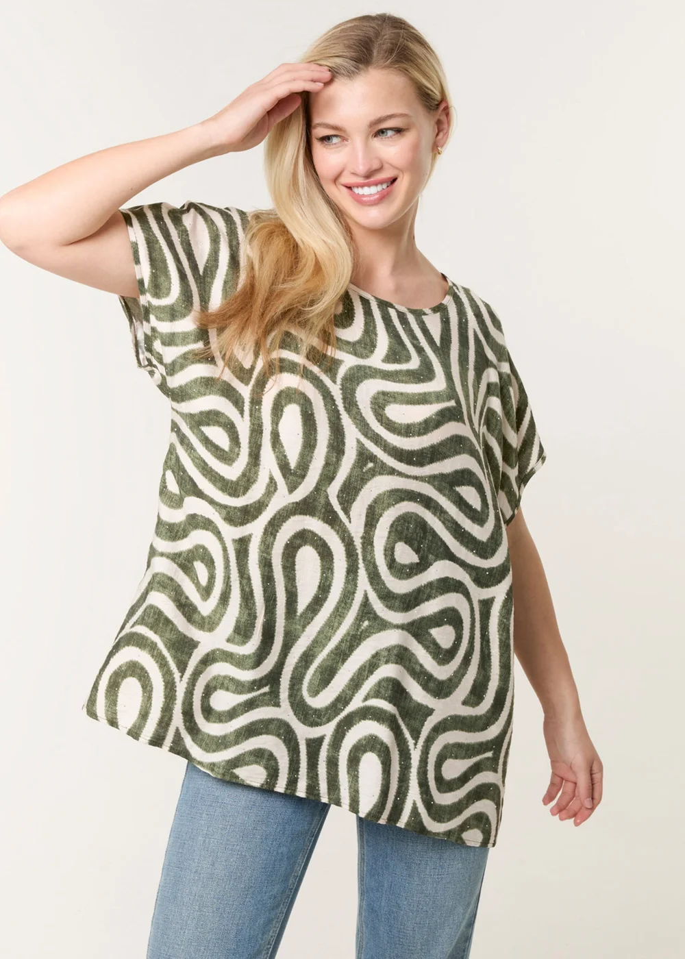Blue Vanilla Khaki Round Neck Top With Abstract Print - S/M Image 1