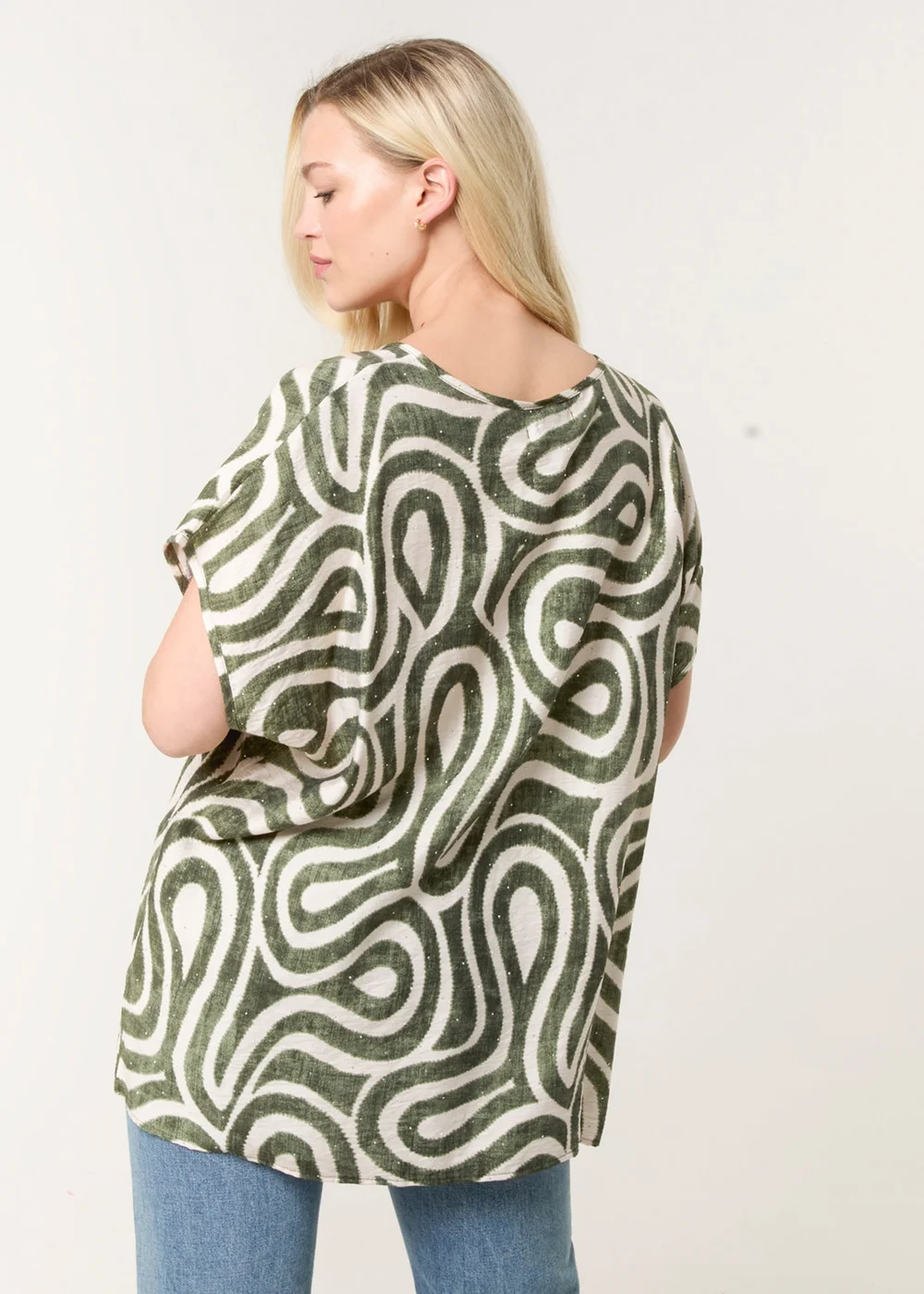 Blue Vanilla Khaki Round Neck Top With Abstract Print - S/M Image 4