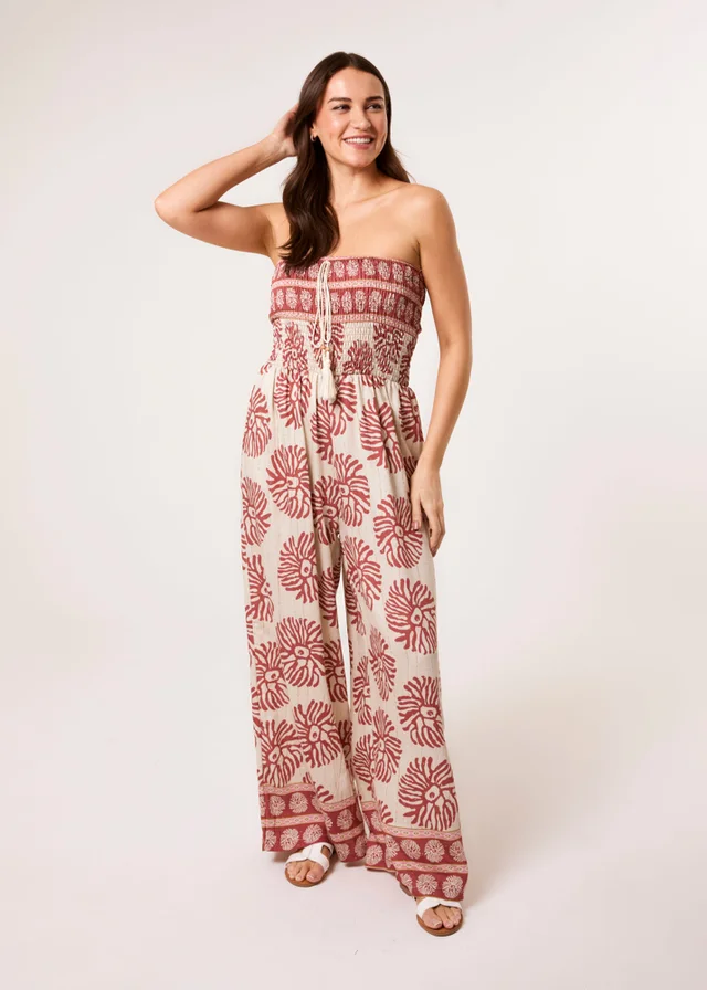 Blue Vanilla Orange Strapless Elasticated Printed Jumpsuit