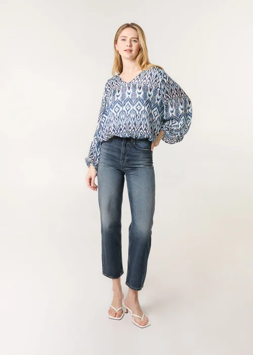 Blue Vanilla Navy Abstract Printed V Neck Puffball Top - S Image 3