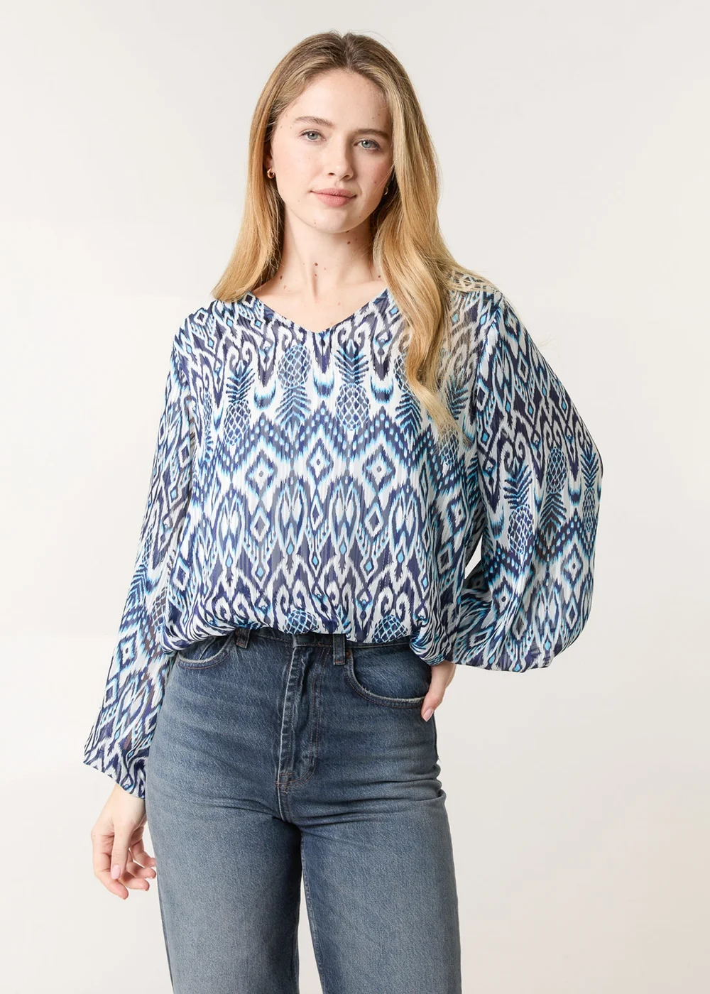 Blue Vanilla Navy Abstract Printed V Neck Puffball Top - S Image 1