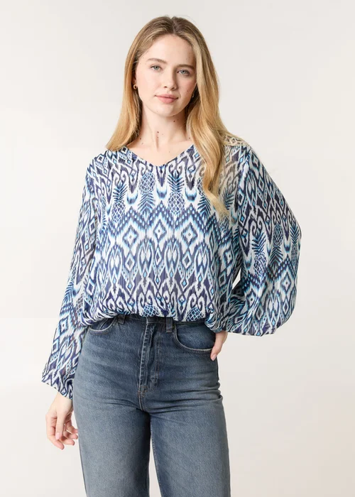 Blue Vanilla Navy Abstract Printed V Neck Puffball Top - S Image 1