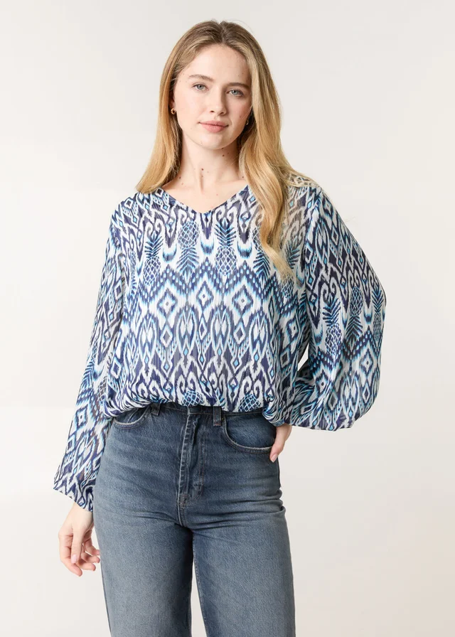 Blue Vanilla Navy Abstract Printed V Neck Puffball Top