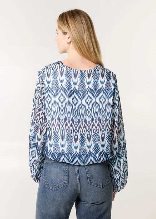 Blue Vanilla Navy Abstract Printed V Neck Puffball Top - S Image 4