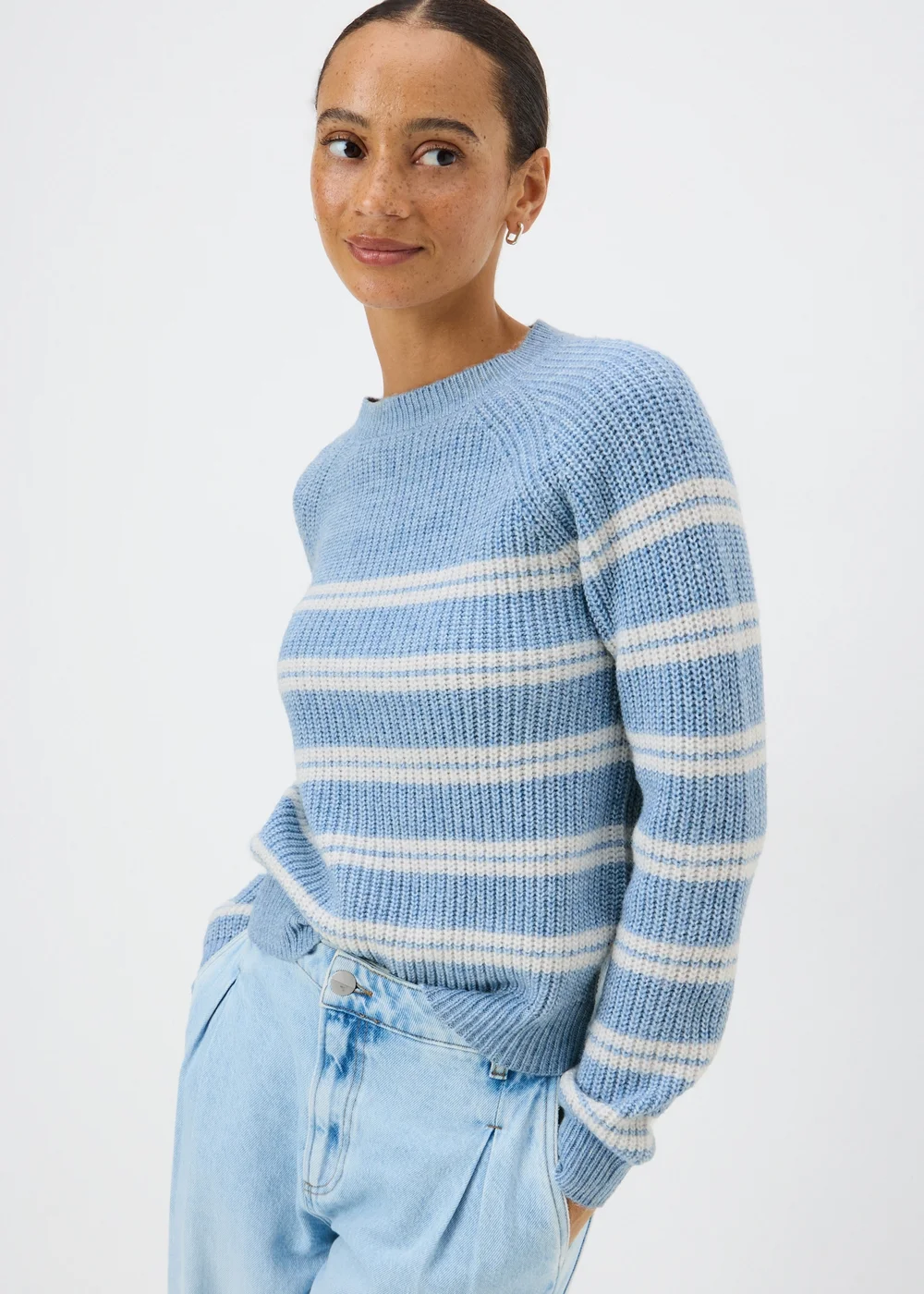 Pale Blue Stripe Ribbed Knit Jumper - XS Image 1