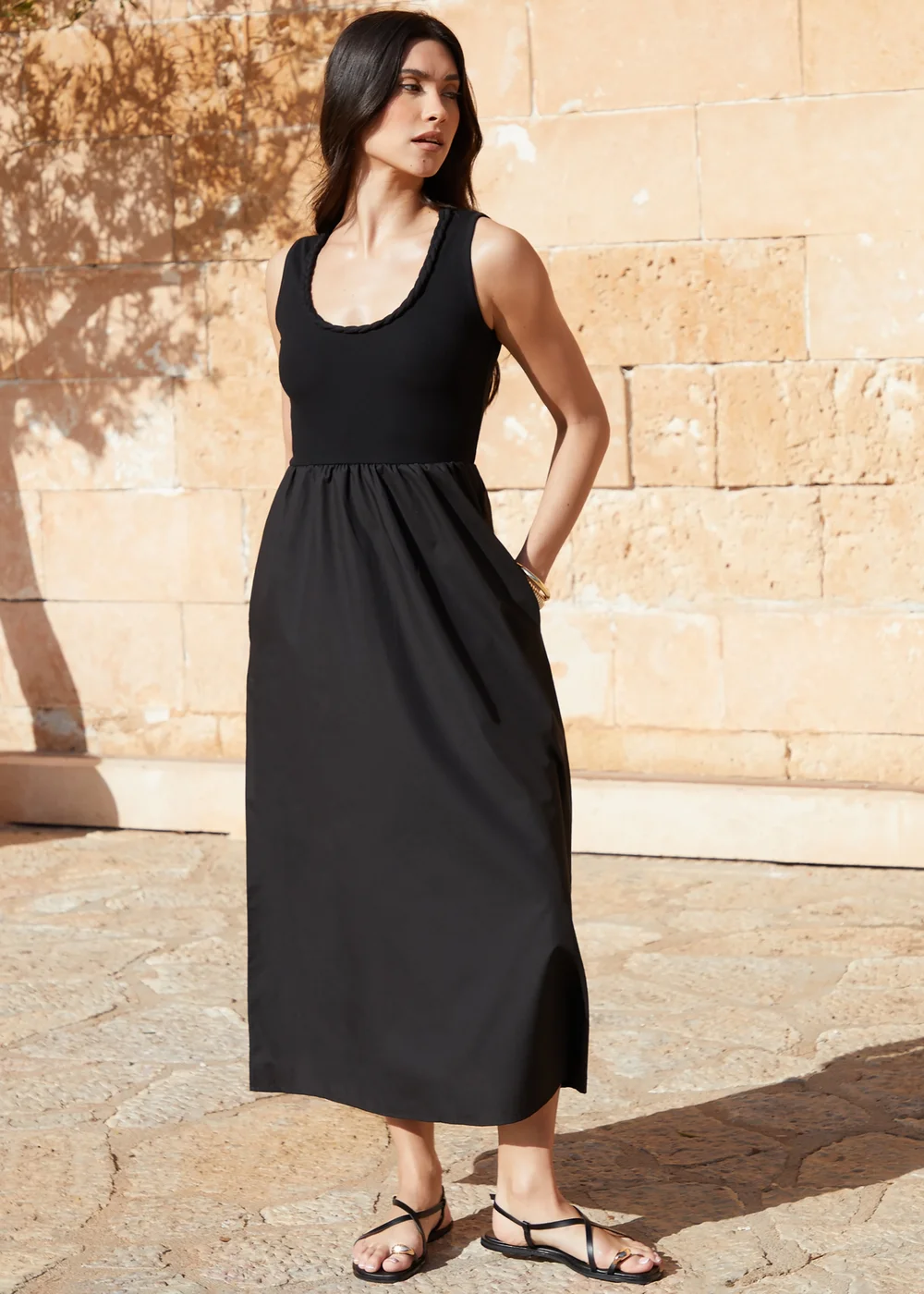 Threadbare Black Sleeveless Rib Jersey 2 In 1 Maxi Dress With Poplin Skirt - 14 | Matalan Threadbare Black Sleeveless Rib Jersey 2 In 1 Maxi Dress With Poplin Skirt - 14 | Matalan