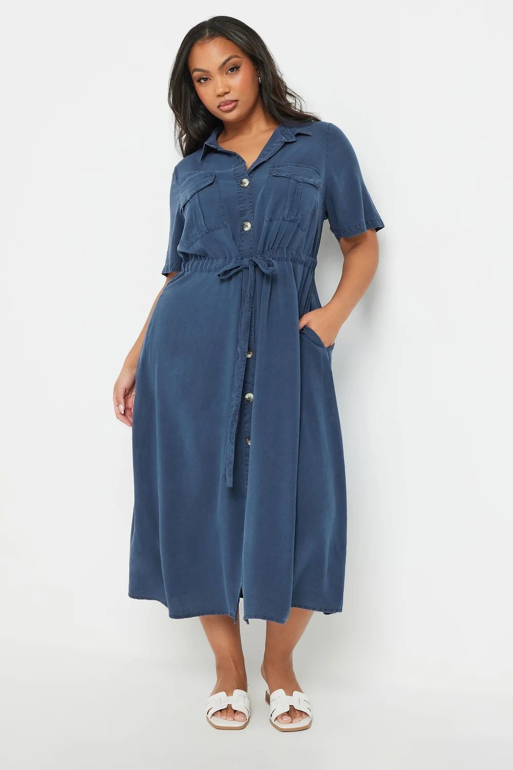 chambray shirt dress uk Mollie Linen Midi Dress - Chambray