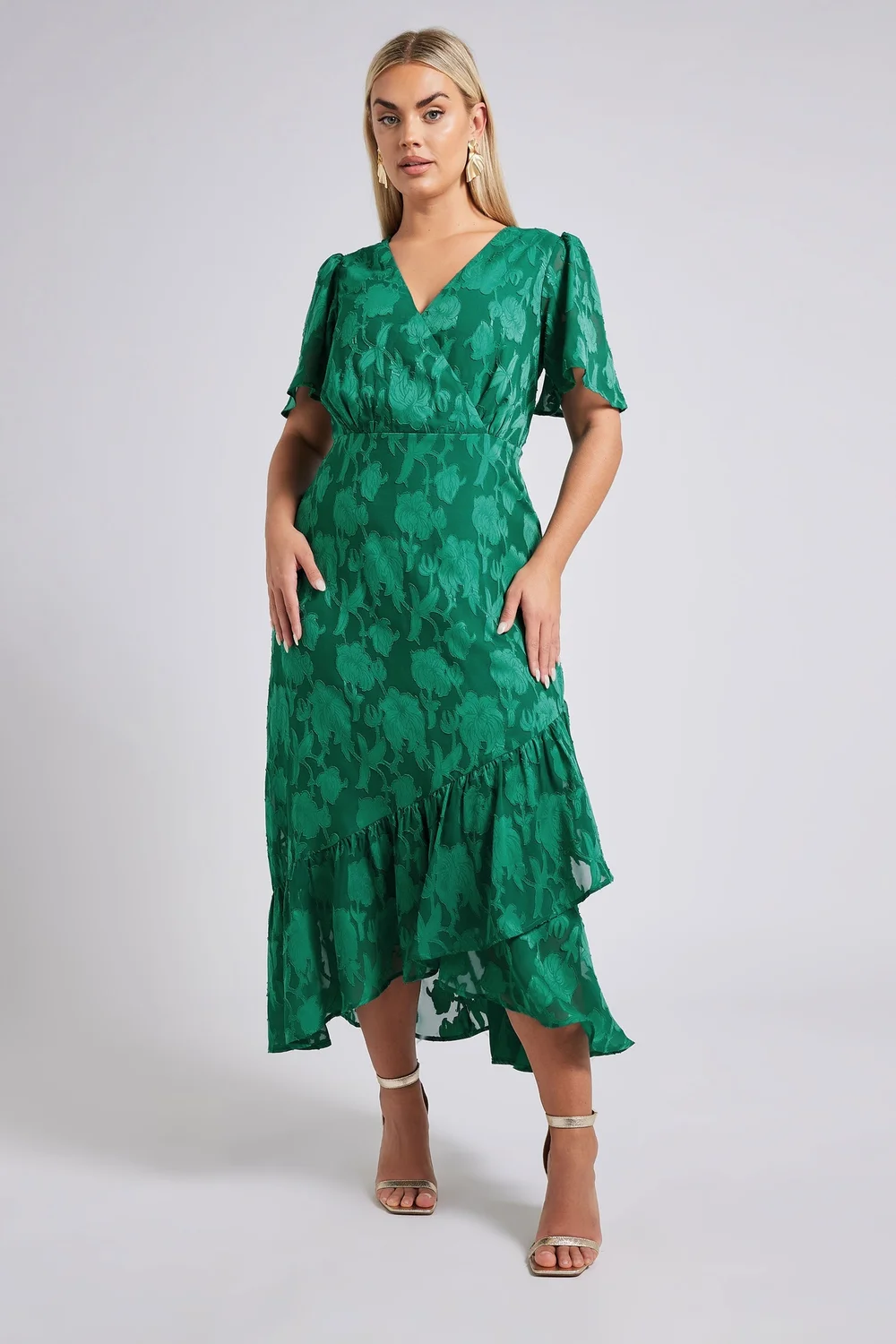 Yours London Curve Green Jacquard Floral Wrap Ruffle Hem Dress - 30-32 Yours London Curve Green Jacquard Floral Wrap Ruffle Hem Dress - 30-32