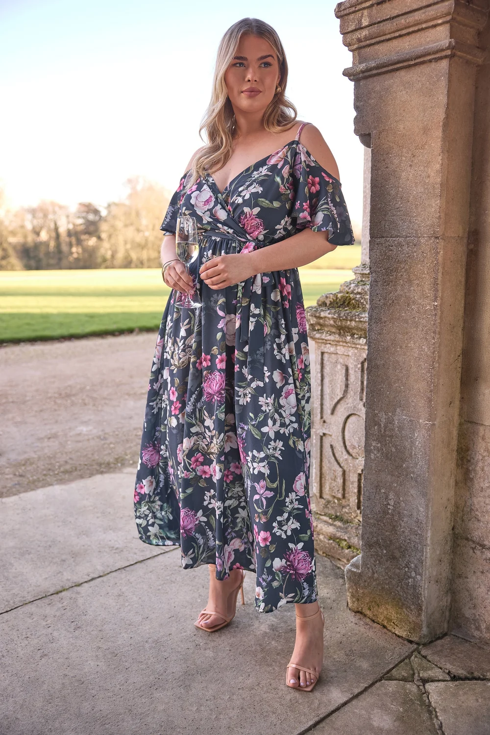 blue floral cold shoulder dress Navy Floral Print Cold-Shoulder Ruffle Chiffon Midi Dress