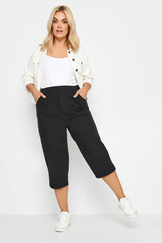 Yours Curve Black Elasticated Cool Cotton Cropped Trousers