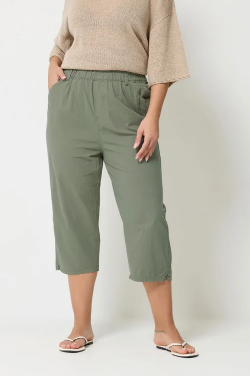 Yours Curve Green Khaki Cool Cotton Cropped Trousers - 26-28 Image 1