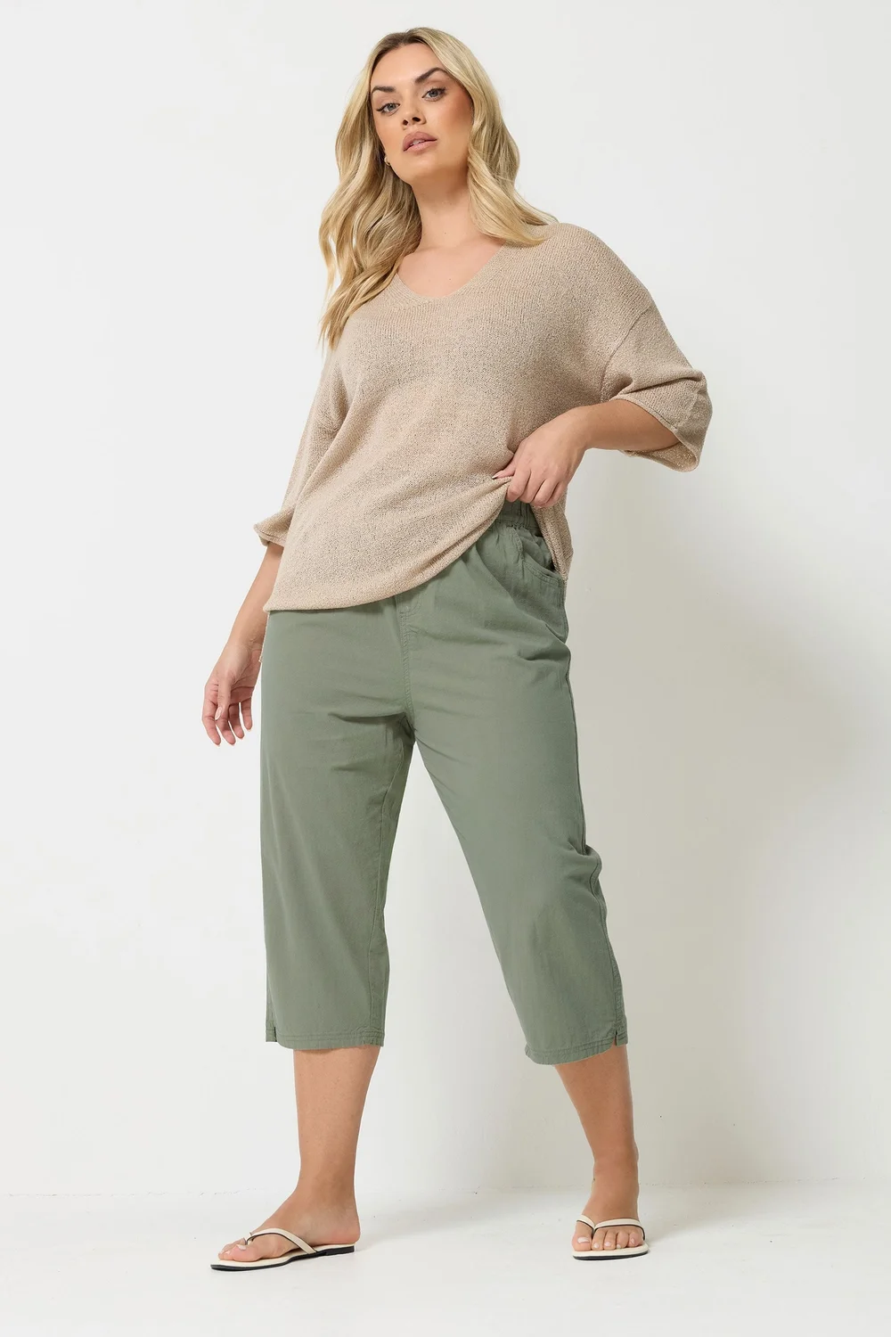 Yours Curve Green Khaki Cool Cotton Cropped Trousers - 26-28 Image 2