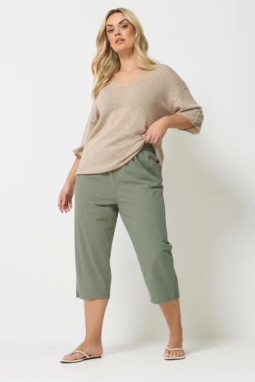 Yours Curve Green Khaki Cool Cotton Cropped Trousers - 26-28 Image 2