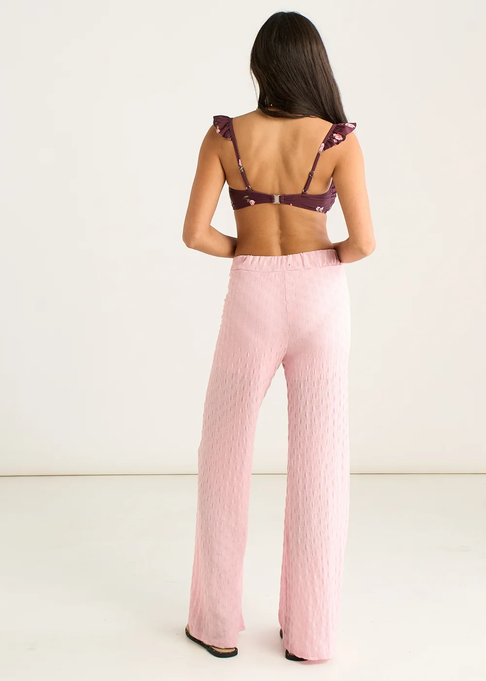 Gini London Pink Textured Elasticated Waist Flared Trousers - S/M Image 2