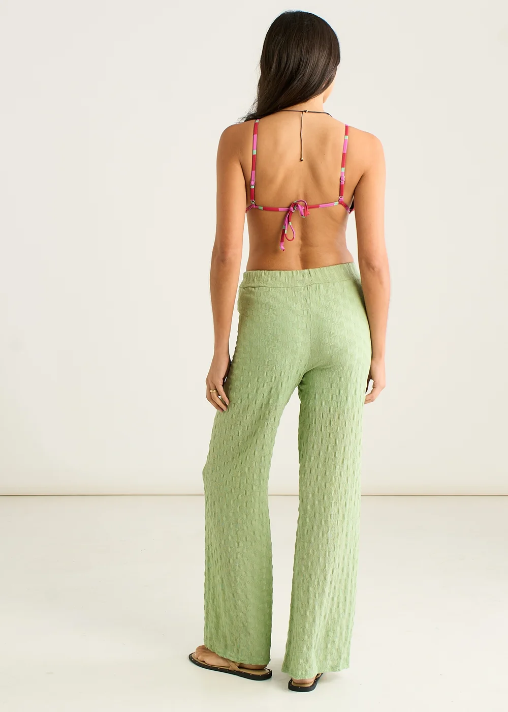 Gini London Sage Green Textured Elasticated Waist Flared Trousers - M/L Image 2