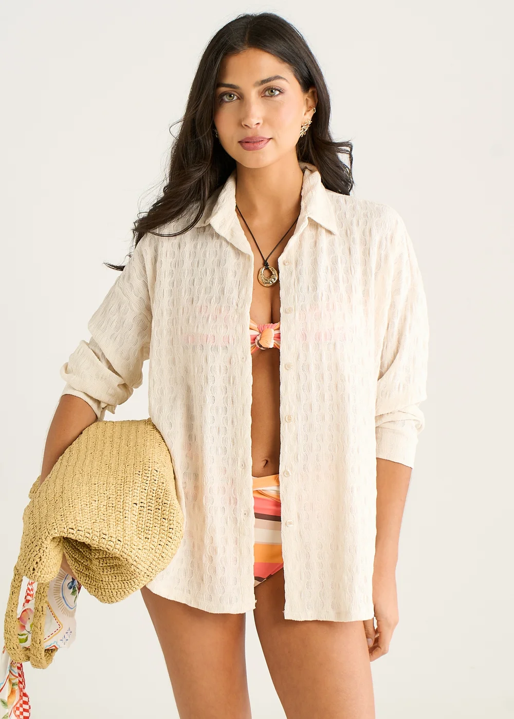 Gini London Beige Textured Oversized Long Sleeves Shirt - S/M Image 1