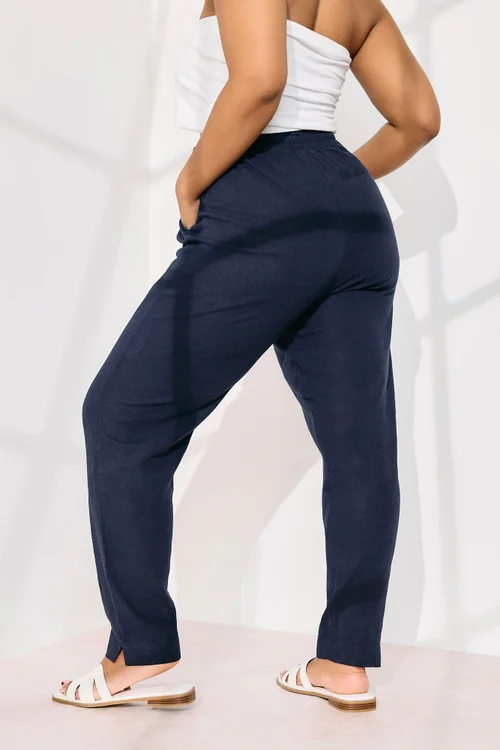 Yours Curve Navy Blue Linen Tie Front Joggers - 18 Image 4