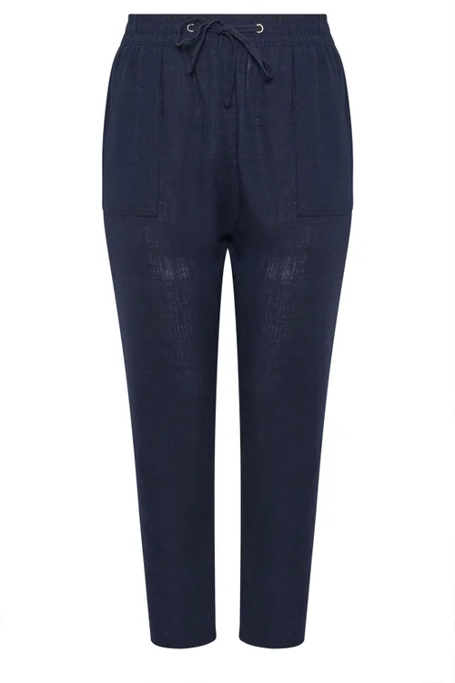 Yours Curve Navy Blue Linen Tie Front Joggers - 18 Image 5