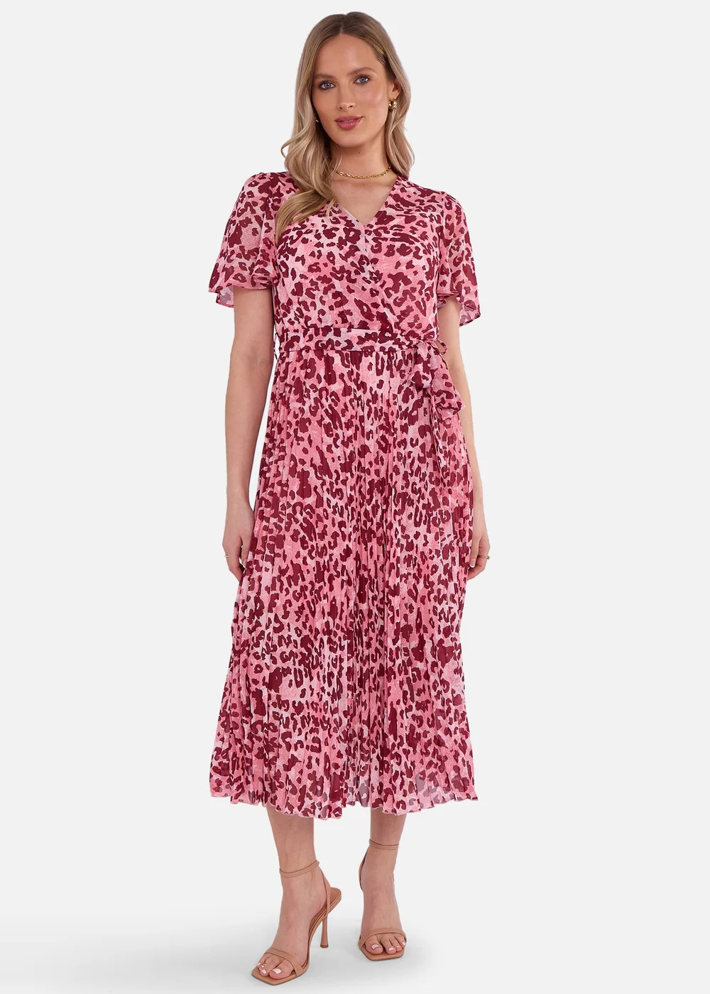 Gini London Pink Animal Print Wrap Pleated Midi Dress - 8 Image 1