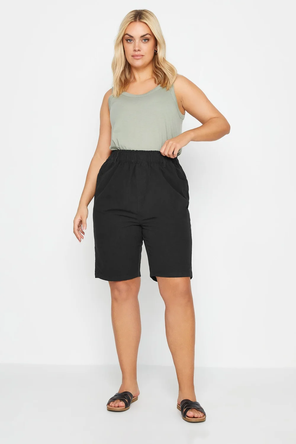 Yours Curve Black Elasticated Cool Cotton Shorts - 30-32 Image 2